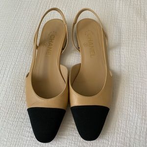 Chanel Slingback Flat Two Tone Beige Size 37